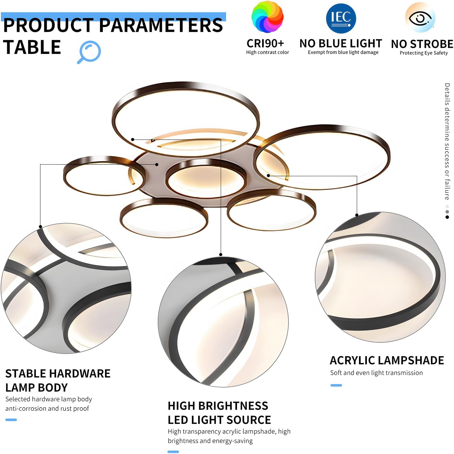 Ceiling light fixture with product parameters table on a white background