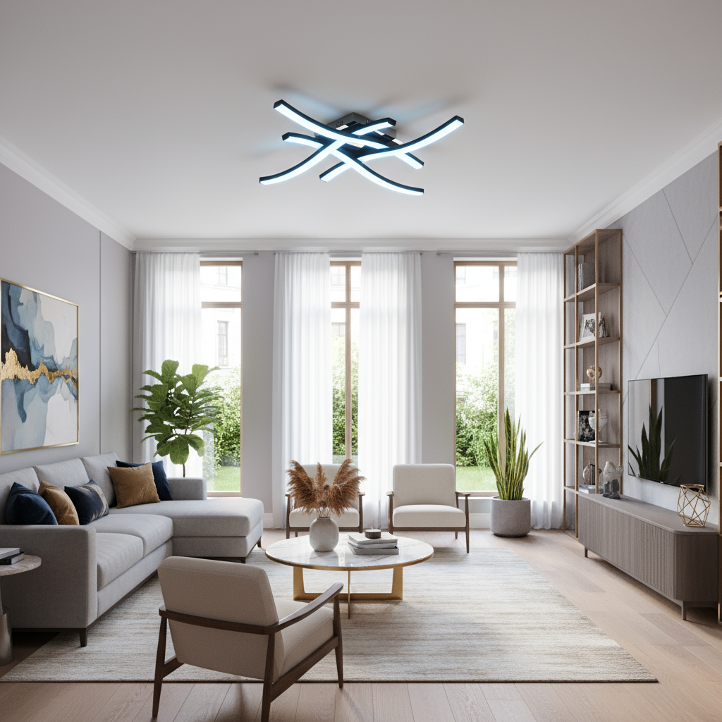 Modern living room with a stylish ceiling light fixture.