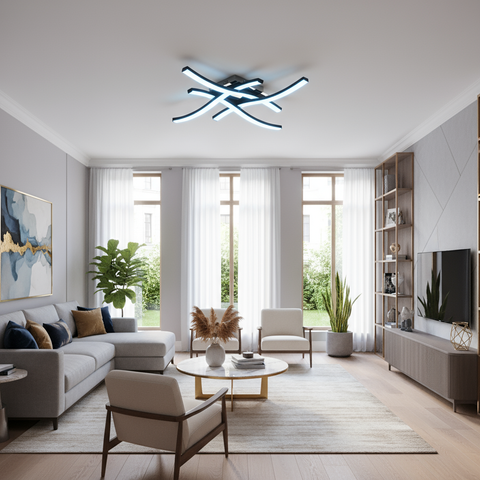 Modern living room with a stylish ceiling light fixture.
