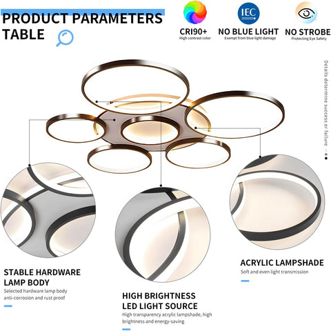 Ceiling light fixture with product parameters table on a white background