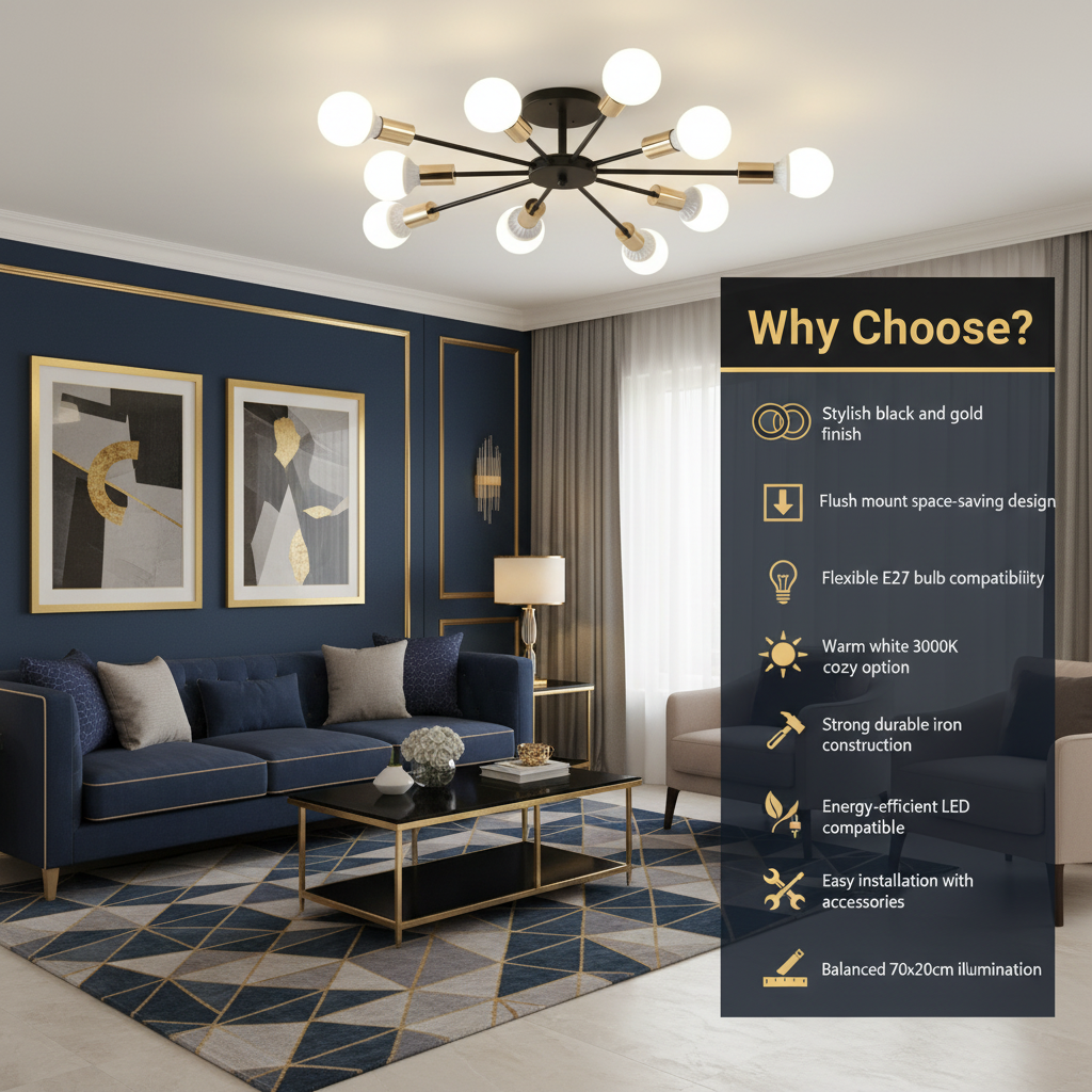 Modern living room with a stylish chandelier and decorative elements.