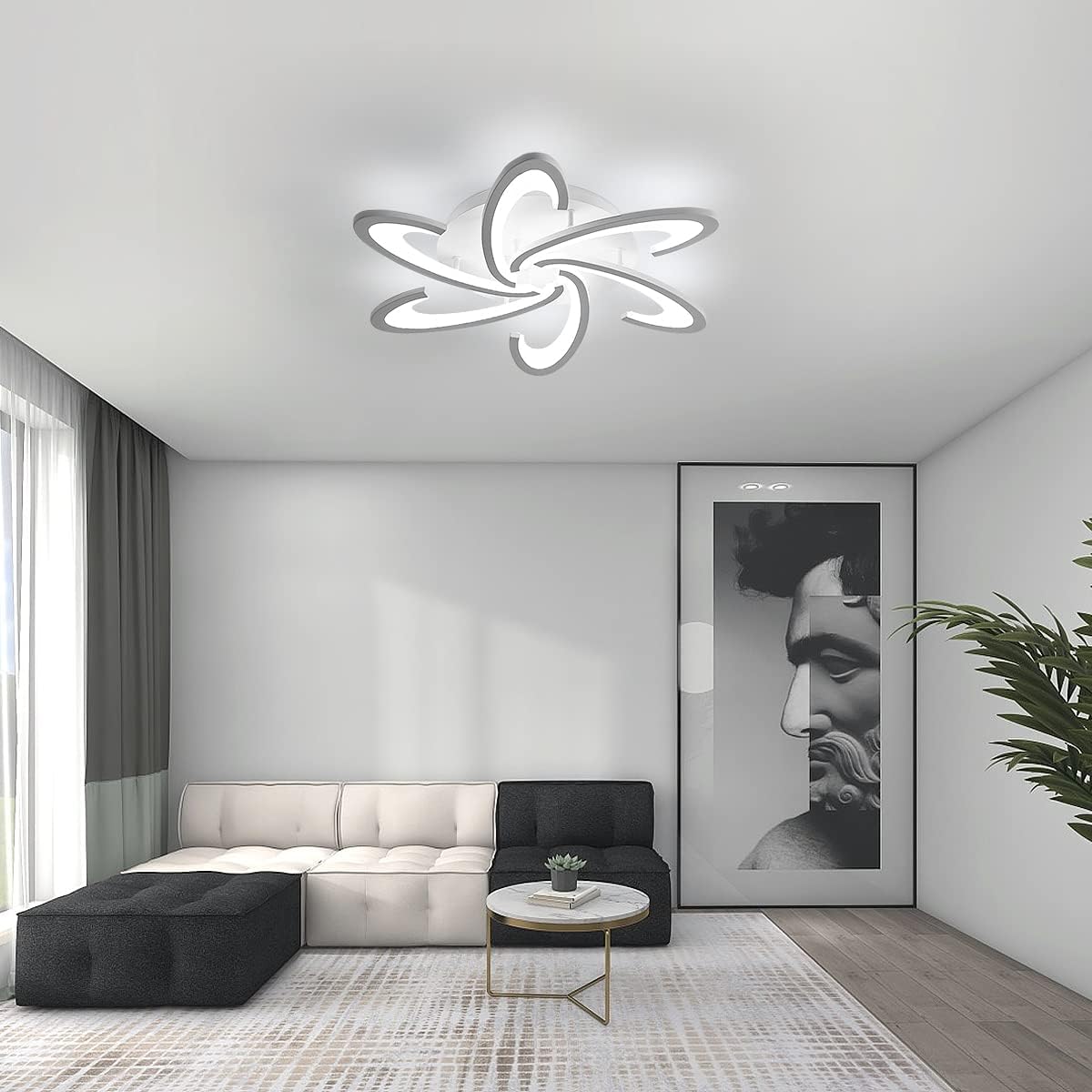 Modern living room with a unique ceiling light fixture
