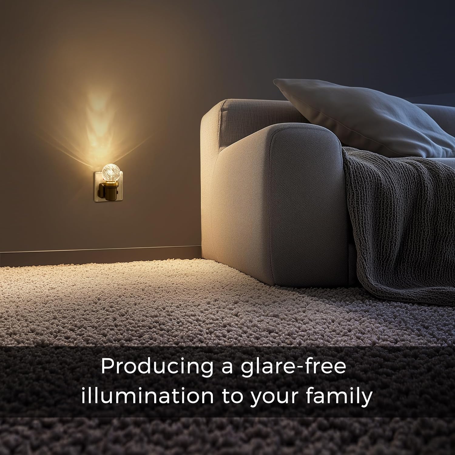 Modern living room with a wall-mounted light fixture casting a warm glow.