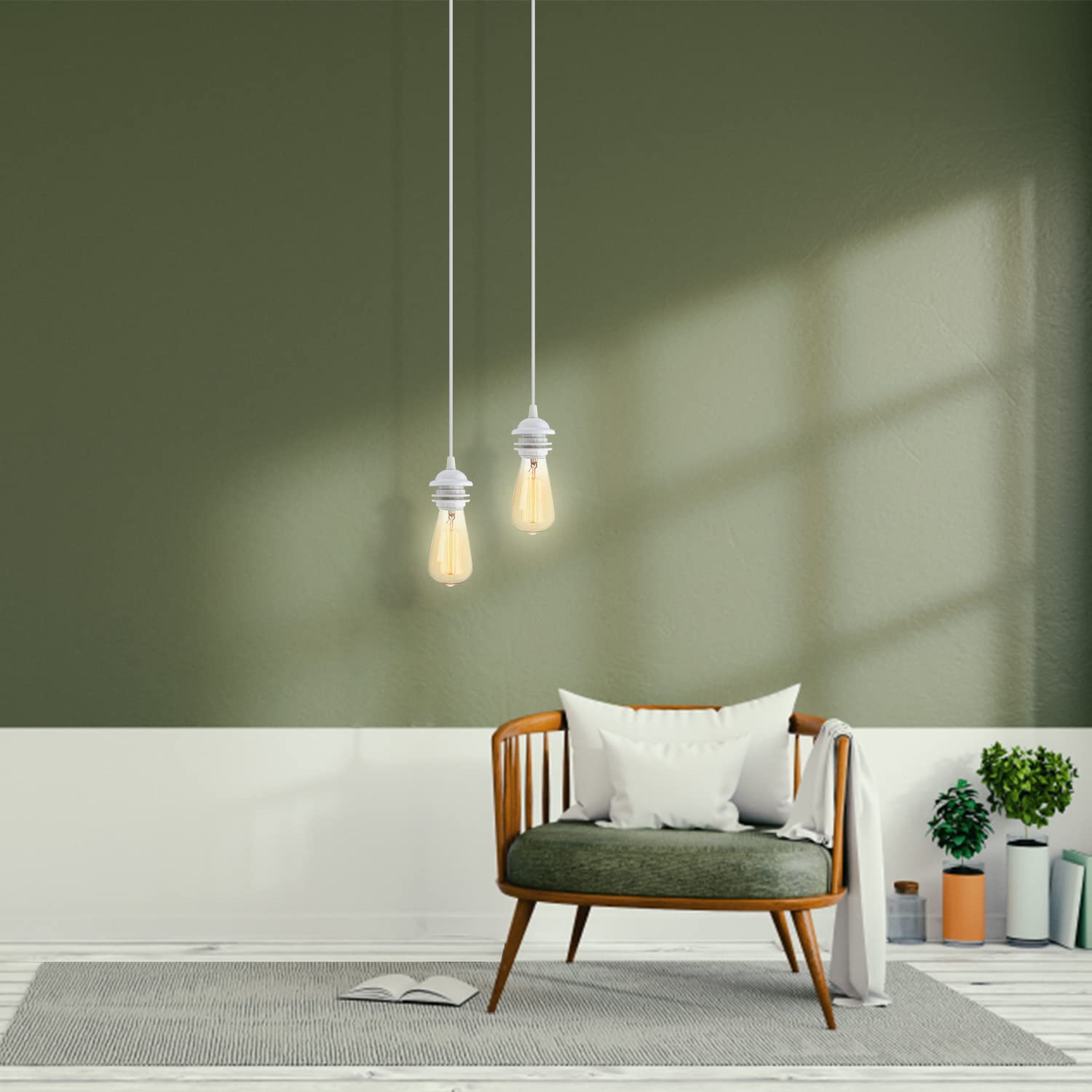 Modern living room with a wooden chair, decorative pillows, and pendant lights.