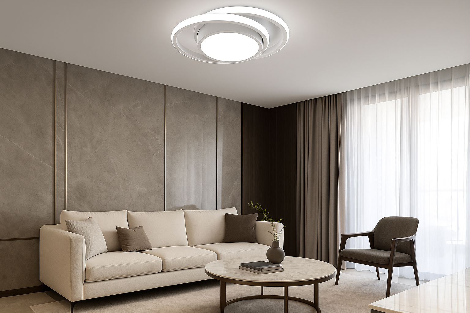 Modern living room with beige sofa, round coffee table, and ceiling light fixture.