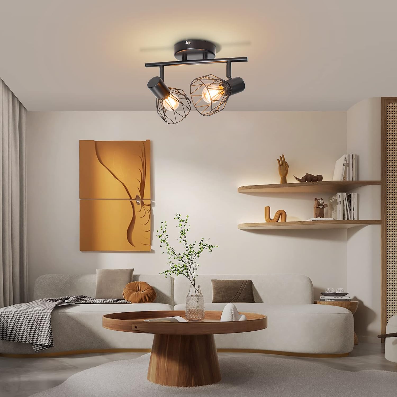 Modern living room with ceiling light fixture, wall art, and shelves.