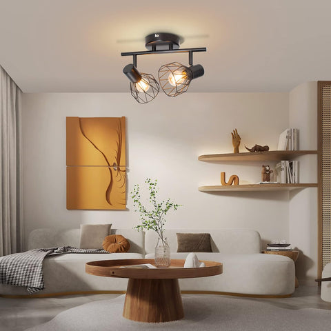 Modern living room with ceiling light fixture, wall art, and shelves.