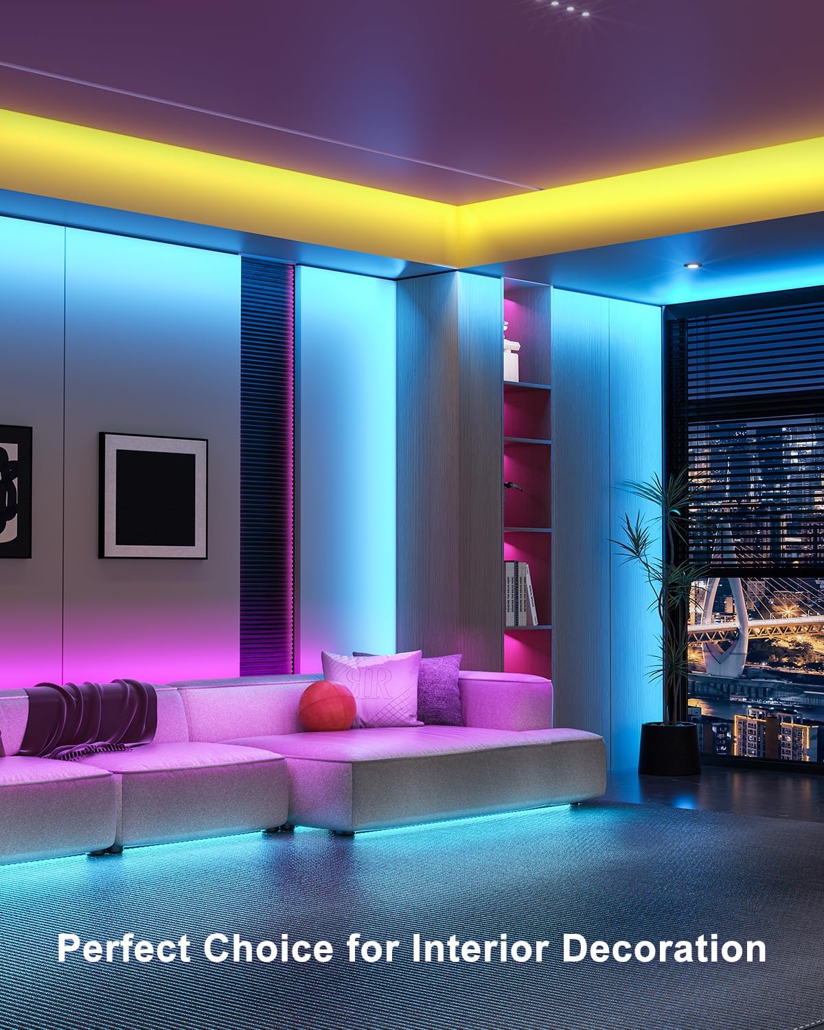Modern living room with colorful LED lighting and a cityscape view.