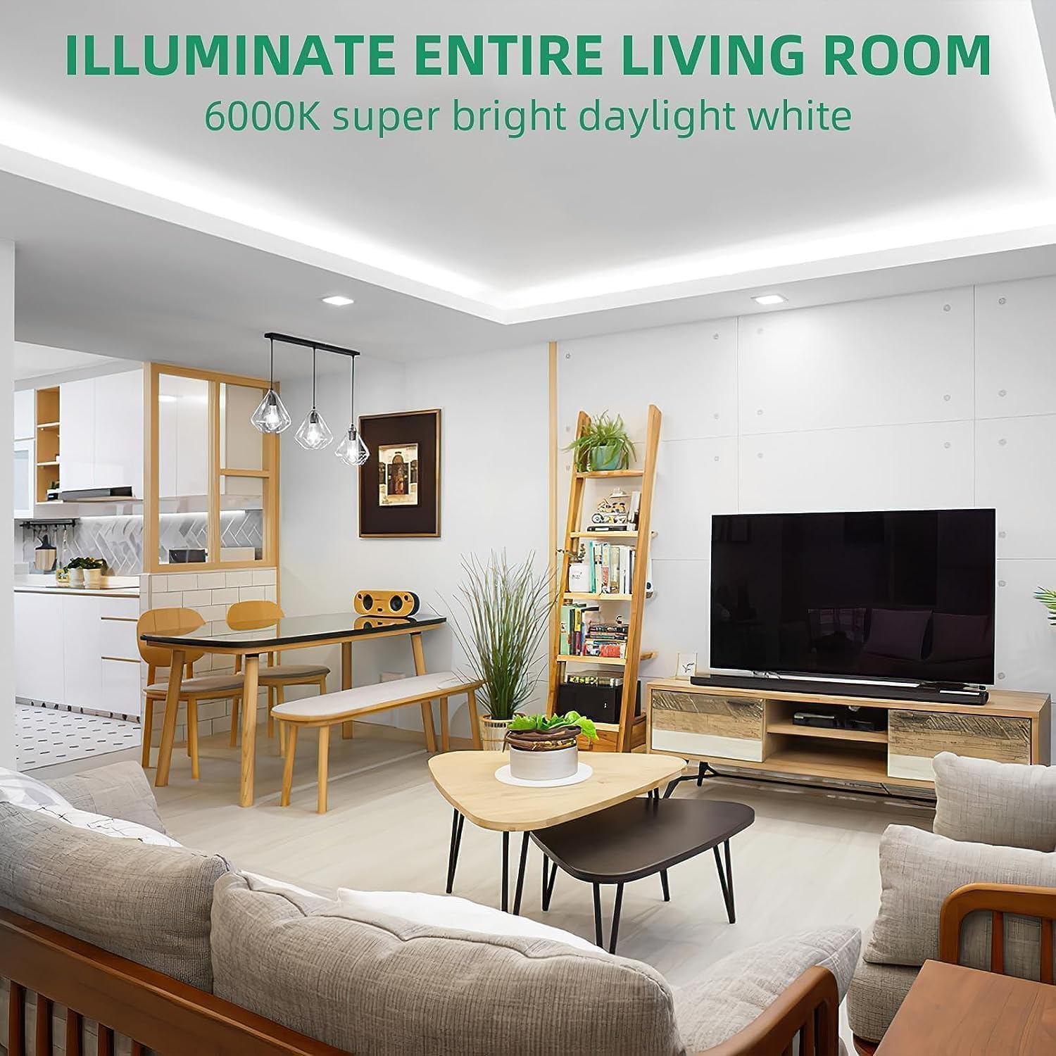 Modern living room with furniture and decor, featuring text about lighting.