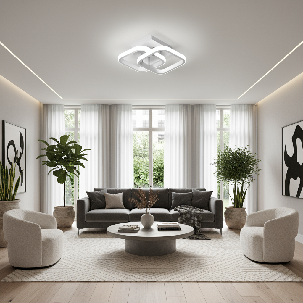 Modern living room with gray sofa, white chairs, and decorative elements.