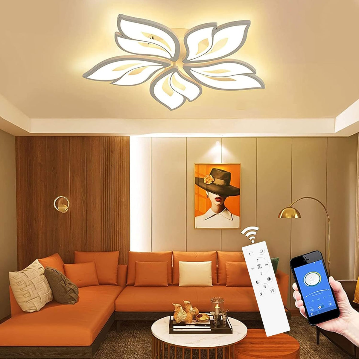 Modern living room with orange sectional sofa, decorative pillows, and a ceiling light fixture.