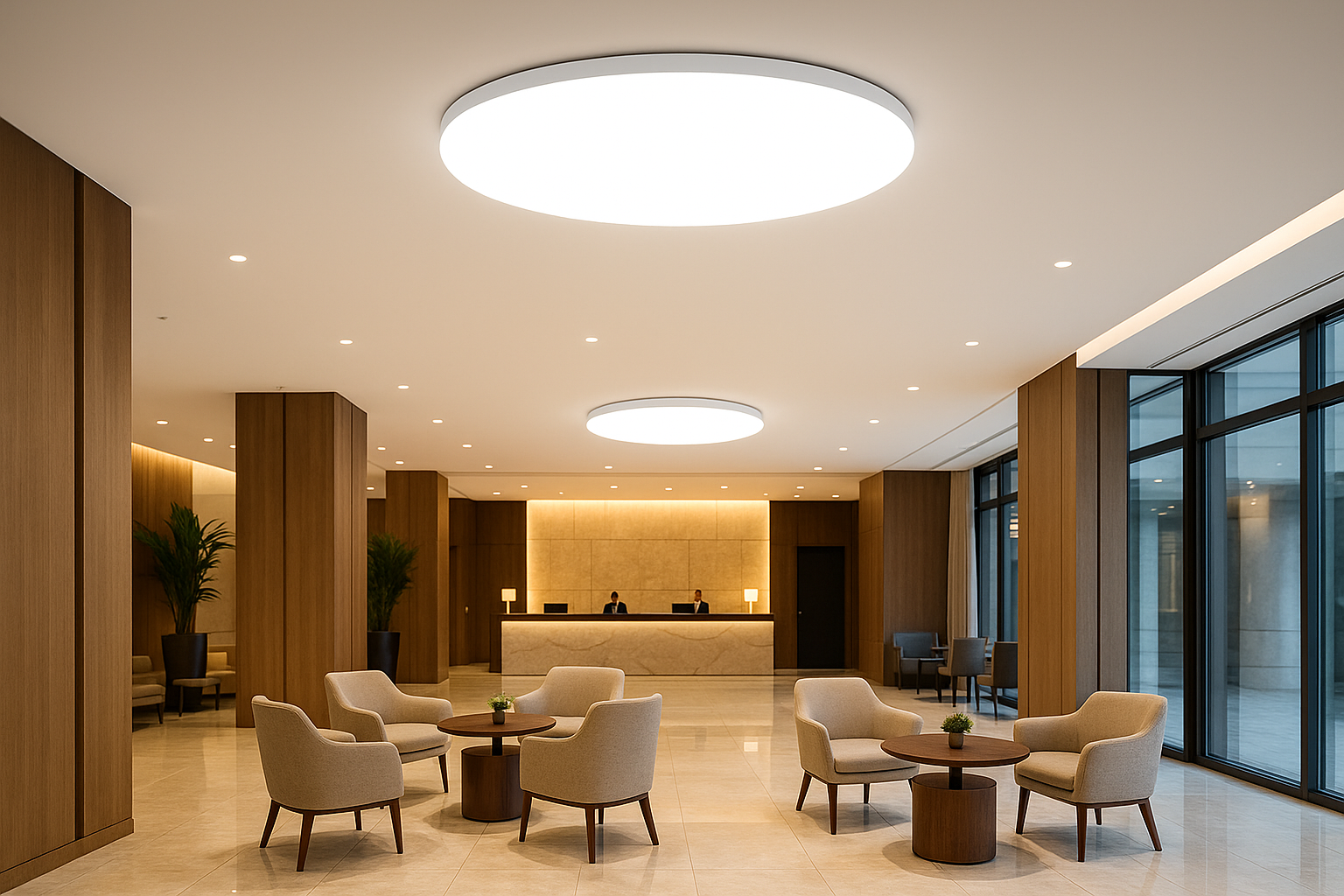 Modern lobby with chairs, tables, and a reception desk.