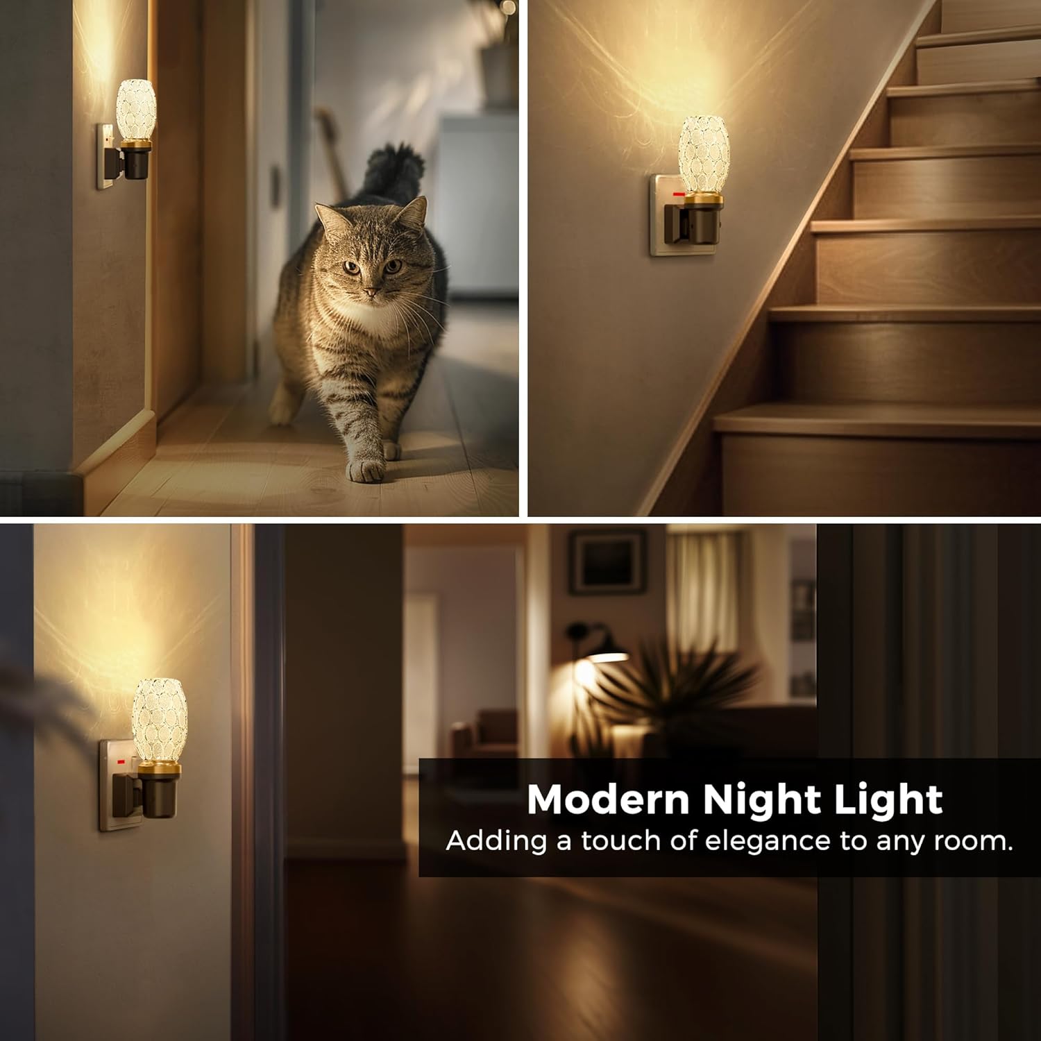 Modern night light in various settings with a cat and staircase.