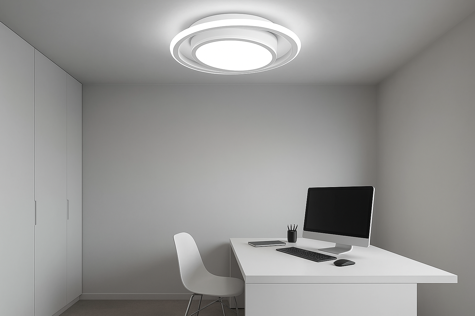 Modern office setup with a desk, chair, and computer monitor in a minimalistic room.