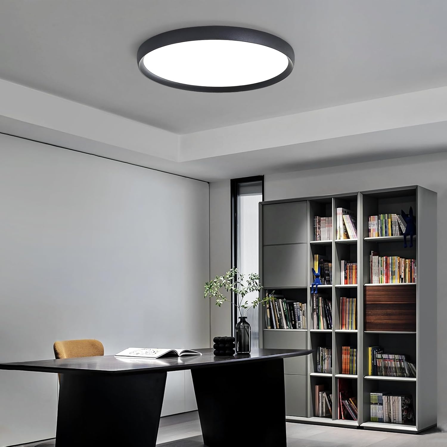 Modern office space with a desk, bookshelf, and ceiling light fixture.