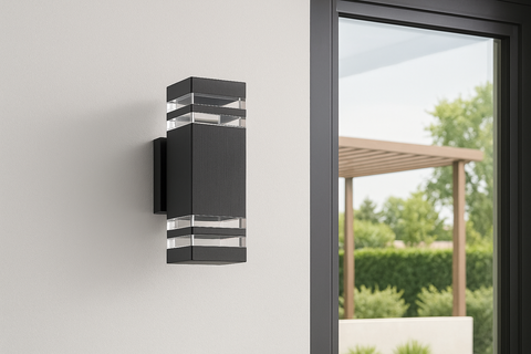 Modern outdoor wall light fixture on a white wall with a view of greenery outside.