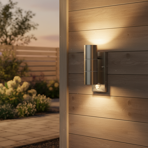 Modern outdoor wall light fixture on a wooden wall with garden and sky in the background