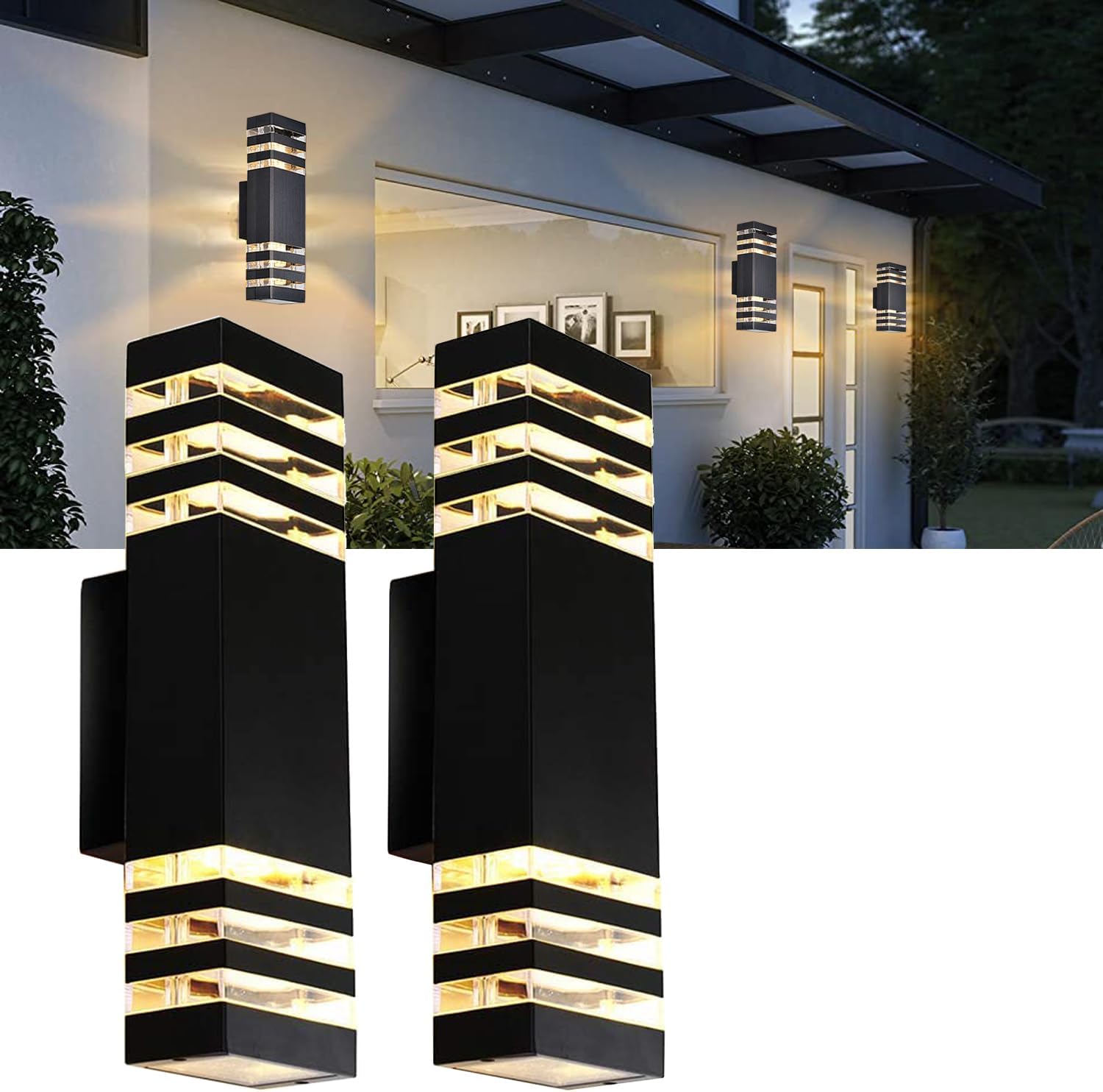 Modern outdoor wall lights on a house exterior with a night scene.