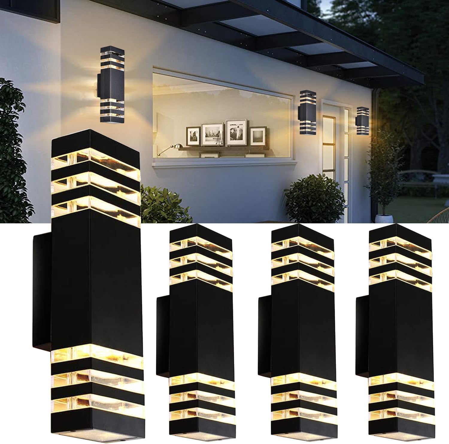 Modern outdoor wall lights on a house exterior with close-up details.
