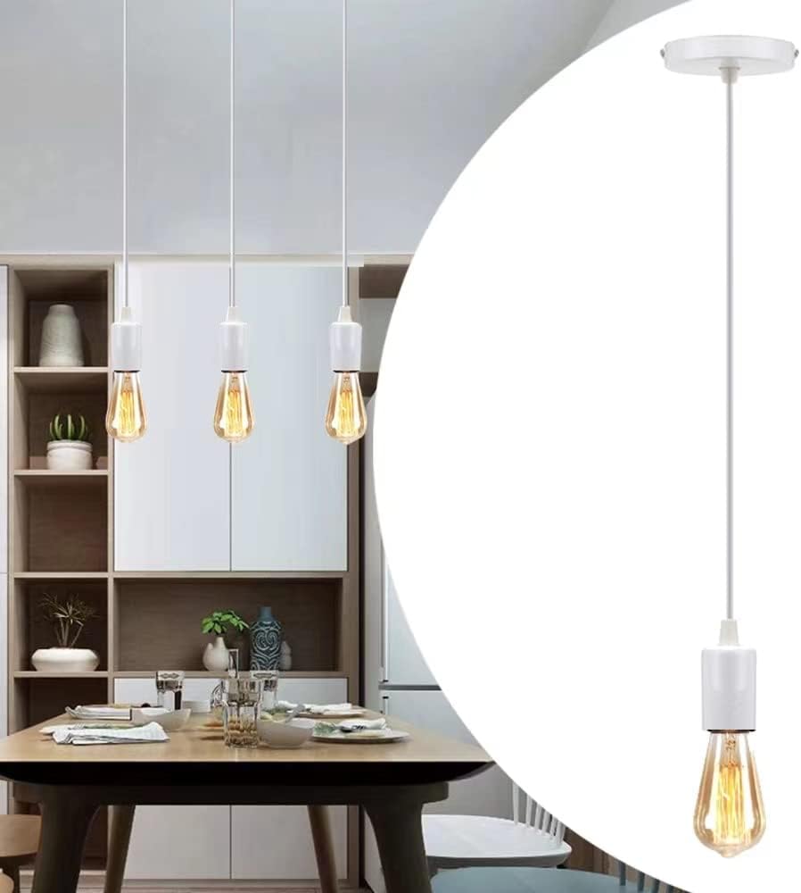 Modern pendant light with a dining table setting in the background