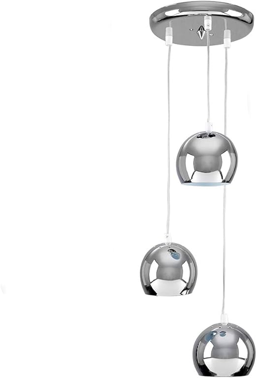 Modern pendant light with three spherical glass shades on a white background