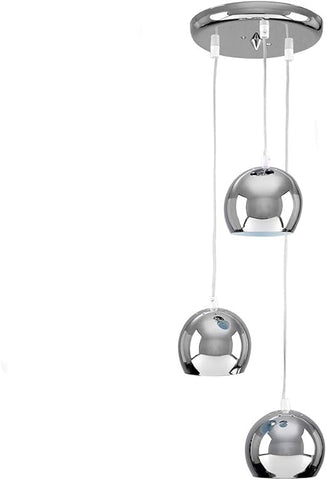 Modern pendant light with three spherical glass shades on a white background