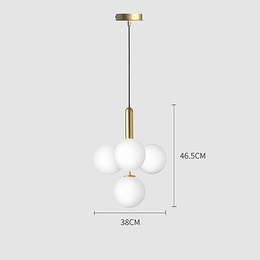 Modern pendant light with three white spherical bulbs and gold accents, shown with dimensions on a light gray background.