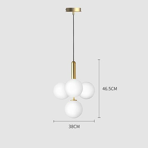 Modern pendant light with three white spherical bulbs and gold accents, shown with dimensions on a light gray background.