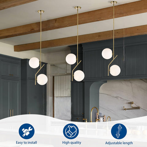 Modern pendant lights hanging in a kitchen with text indicating ease of installation, high quality, and adjustable length.