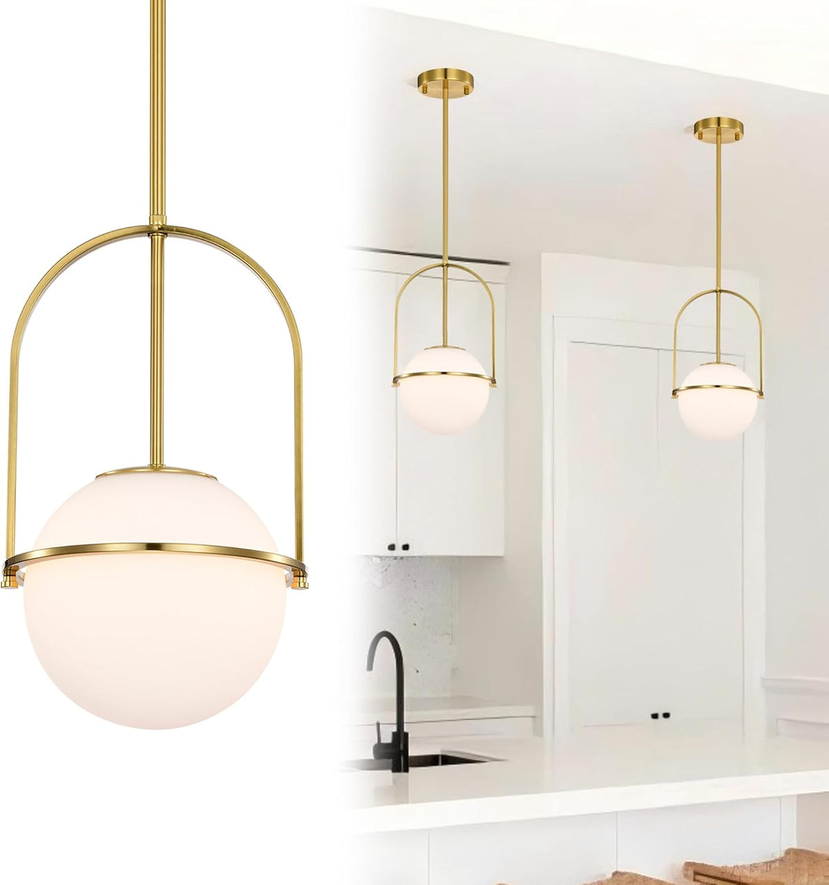 Modern pendant lights with gold fixtures and glass shades in a kitchen setting.