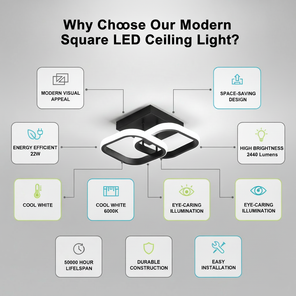 Modern square LED ceiling light with features listed on a gray background