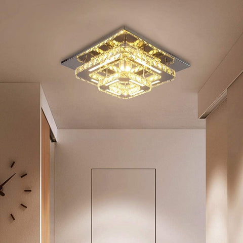 Modern square ceiling light fixture in a hallway