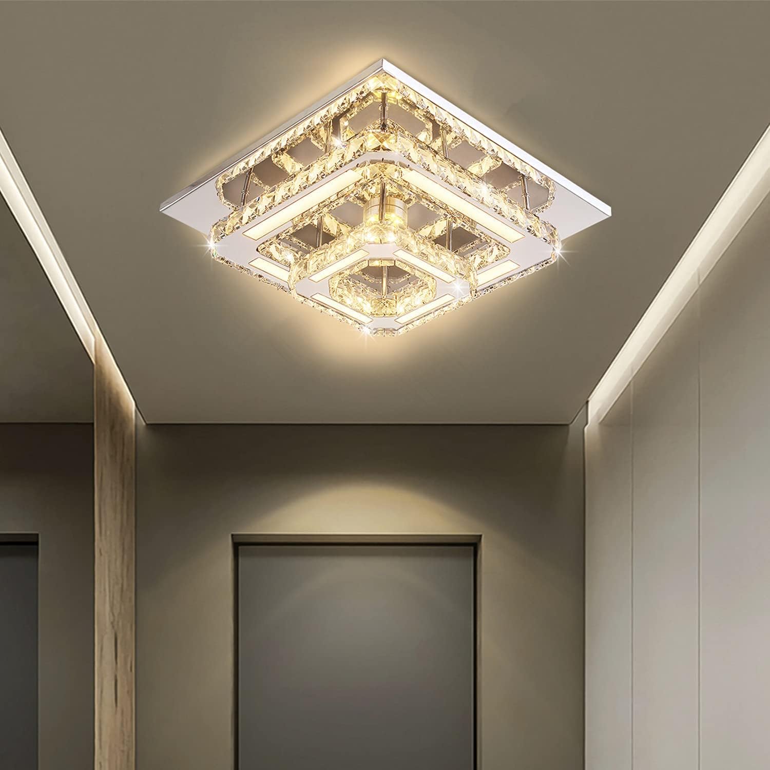 Modern square ceiling light fixture in a hallway