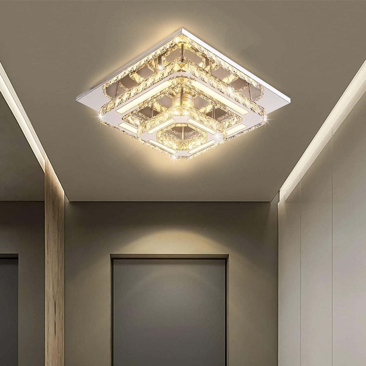 Modern square ceiling light fixture in a hallway