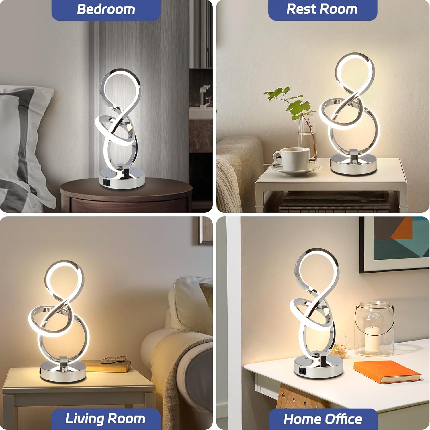 Modern table lamp displayed in various settings including bedroom, rest room, living room, and home office.