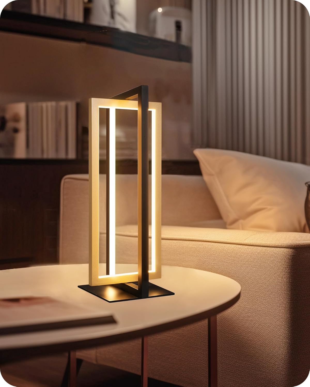 Modern table lamp on a coffee table with a blurred background of a living room.