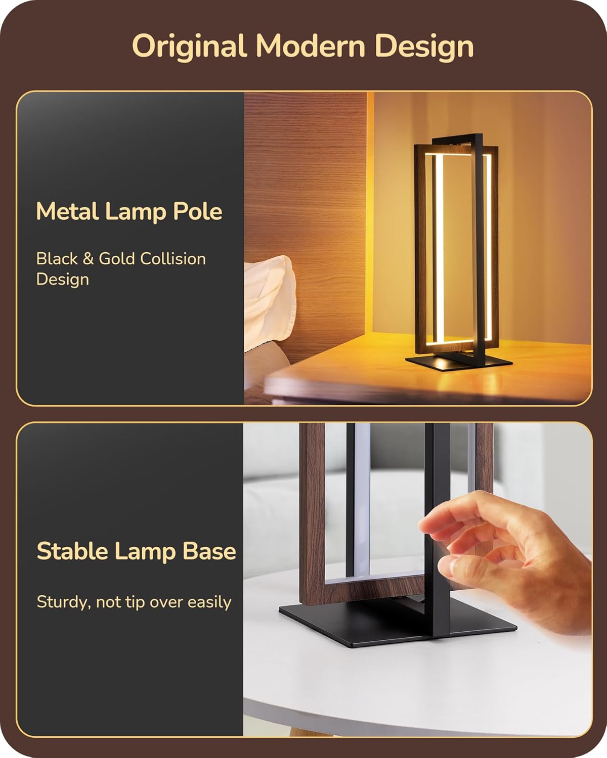 Modern table lamp with metal lamp pole and stable base design, shown in a bedroom setting.