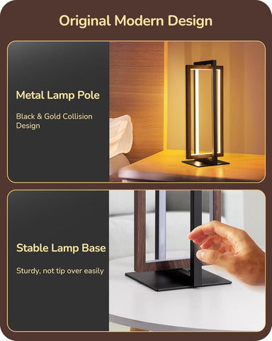 Modern table lamp with metal lamp pole and stable base design, shown in a bedroom setting.