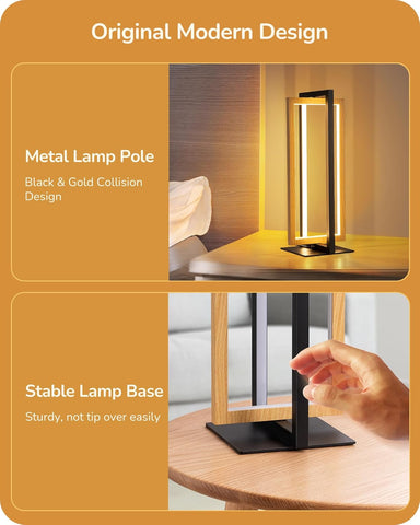 Modern table lamp with metal lamp pole and stable base on a wooden surface.