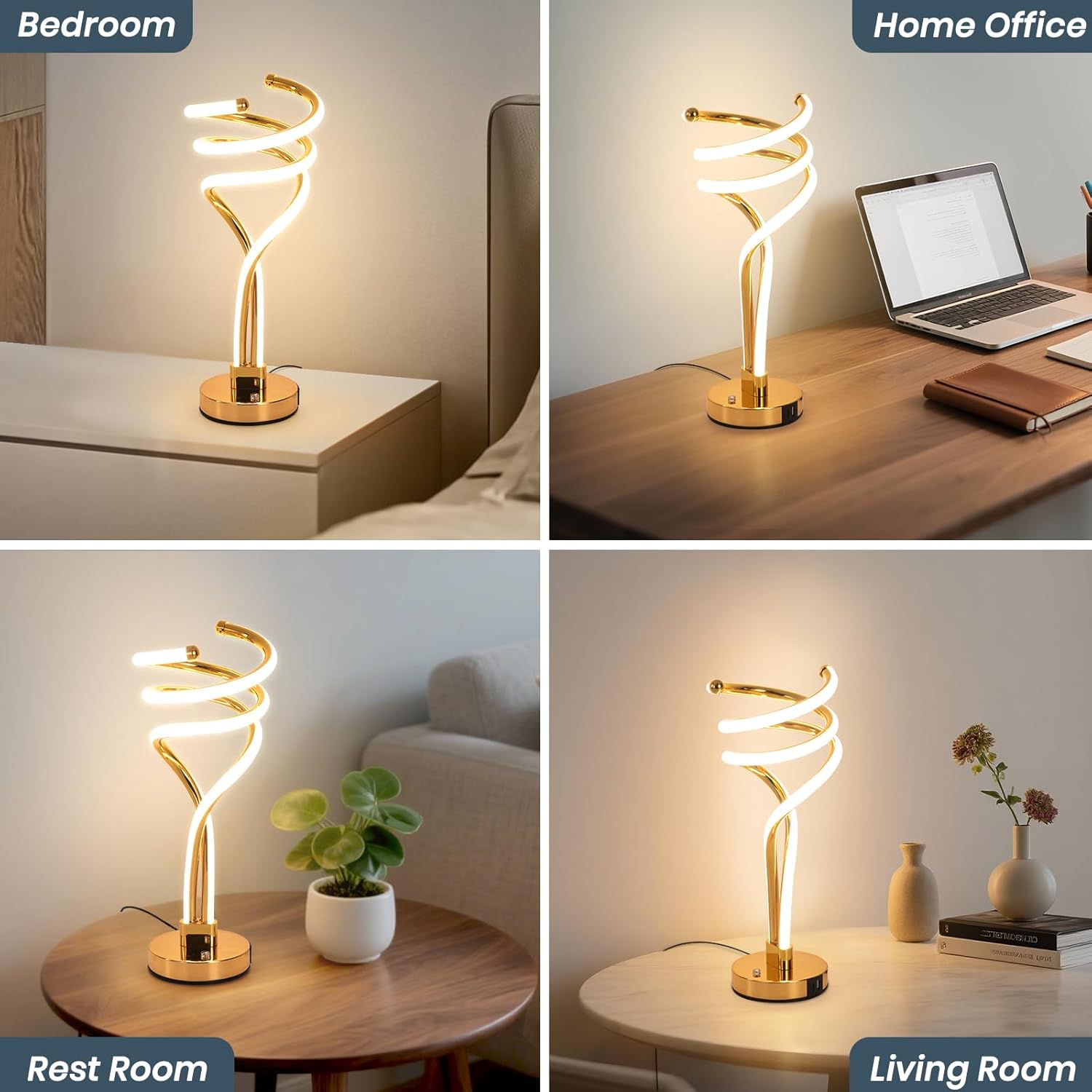 Modern table lamp with spiral design in various settings including bedroom, home office, rest room, and living room.