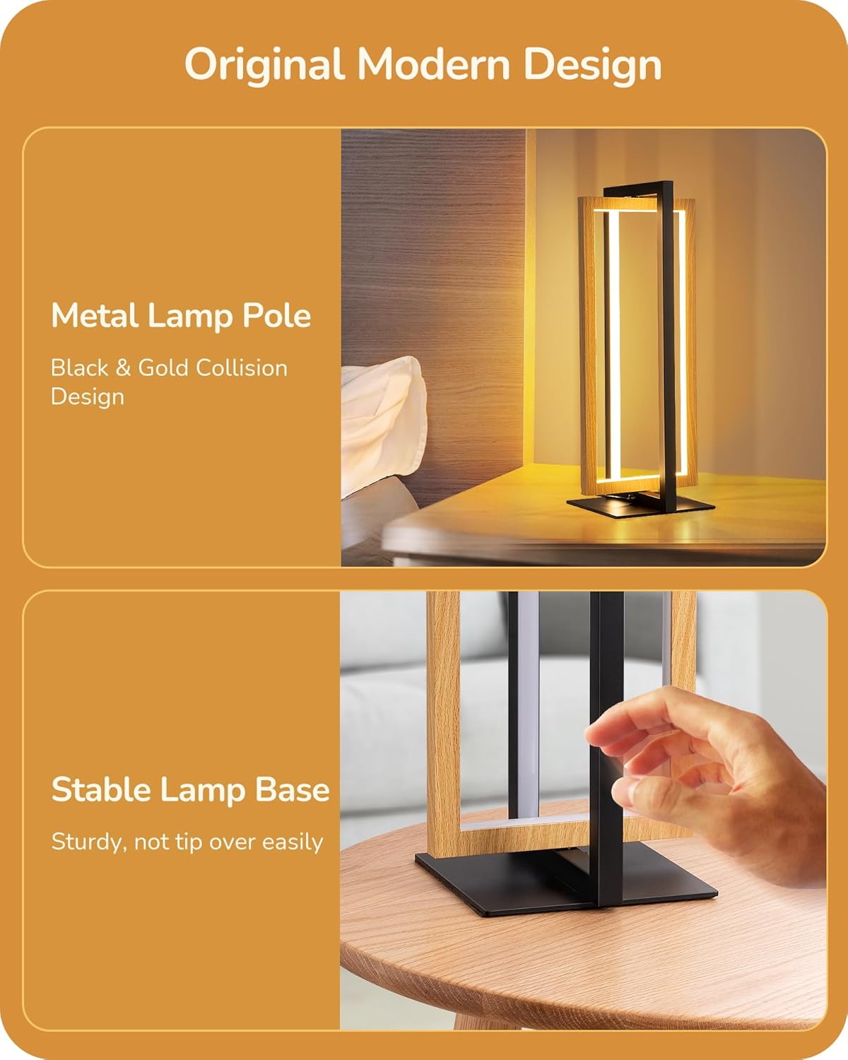 Modern table lamp with metal lamp pole and stable base on a wooden surface.
