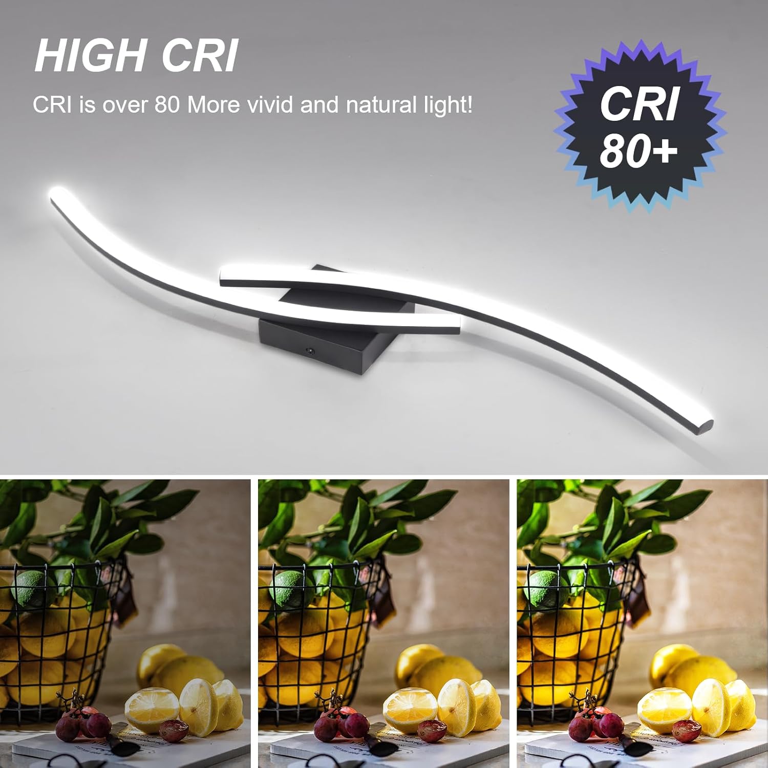 Modern wall-mounted light fixture with 'High CRI' text and images of fruits and plants.
