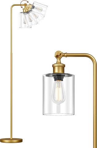 Modern wall-mounted light fixture with gold arm and clear glass shade on a white background