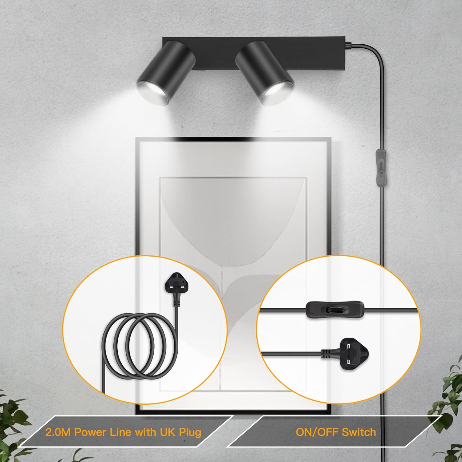 Modern wall-mounted light fixture with power cord and switch on a gray background