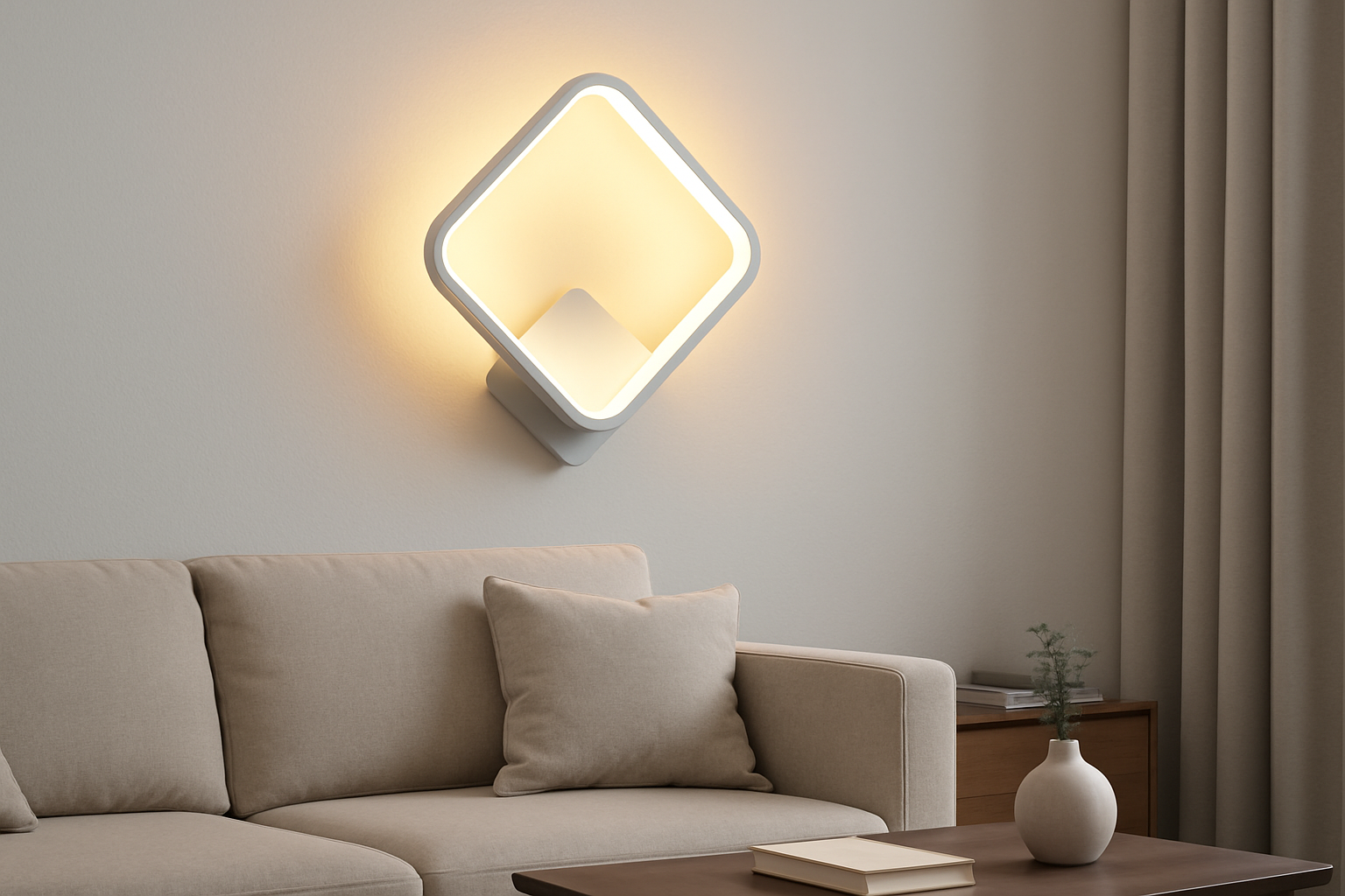 Modern wall light fixture in a living room setting with a beige sofa and decorative items.
