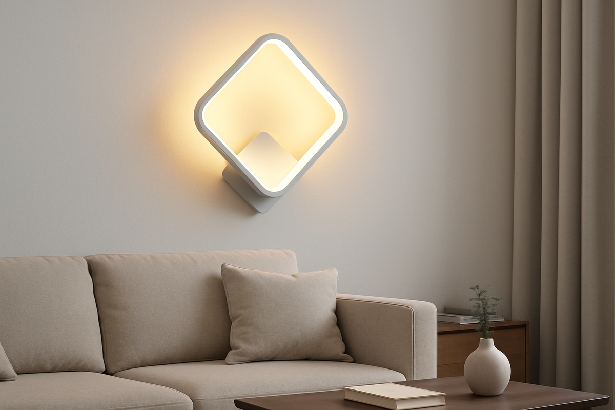 Modern wall light fixture in a living room setting with a beige sofa and decorative items.