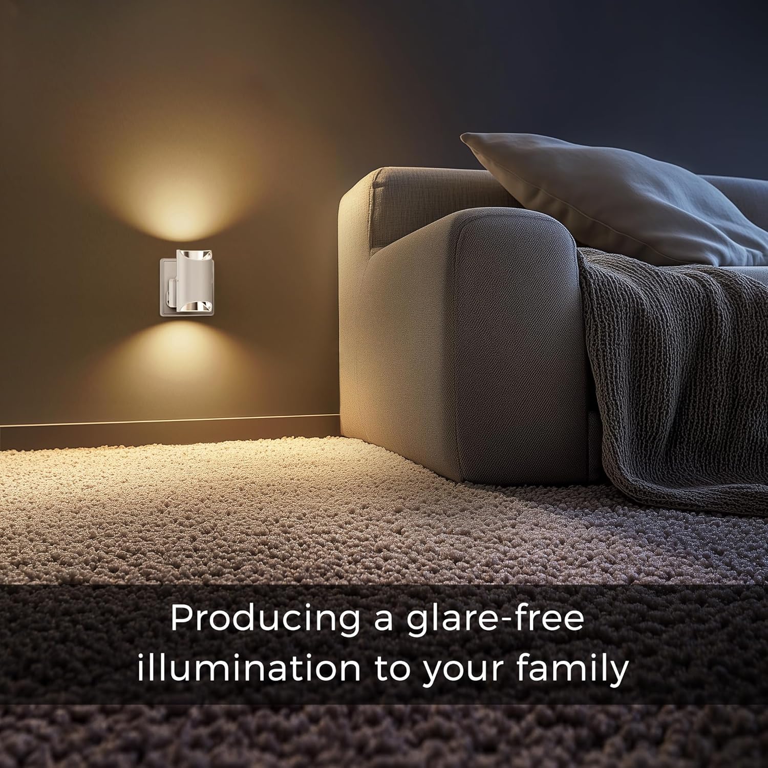 Modern wall light fixture in a living room with a sofa and text about glare-free illumination.