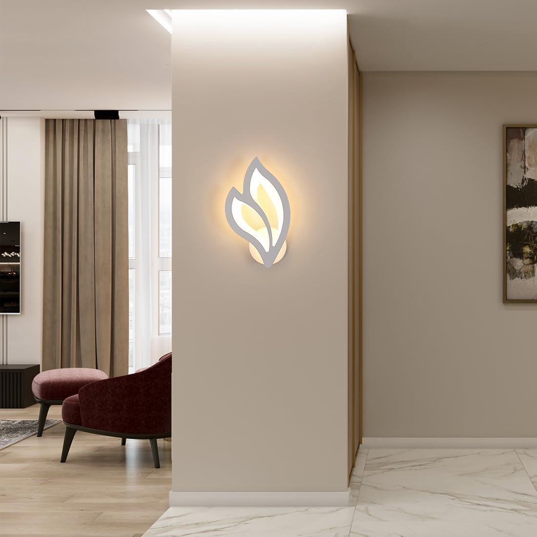 Modern wall light fixture on a beige wall in a stylish room with furniture and decor.