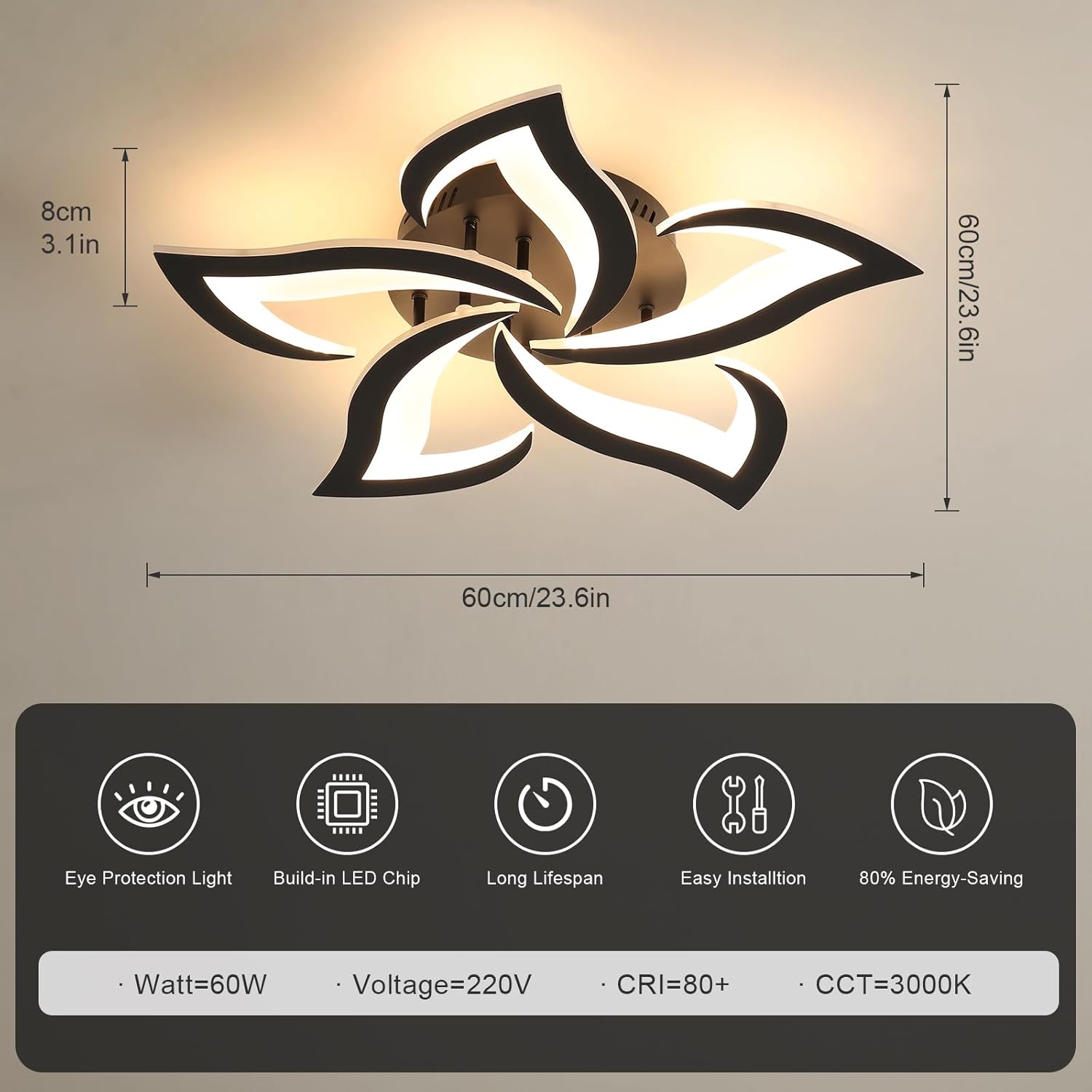 Modern wall light fixture with dimensions and features displayed on a gray background