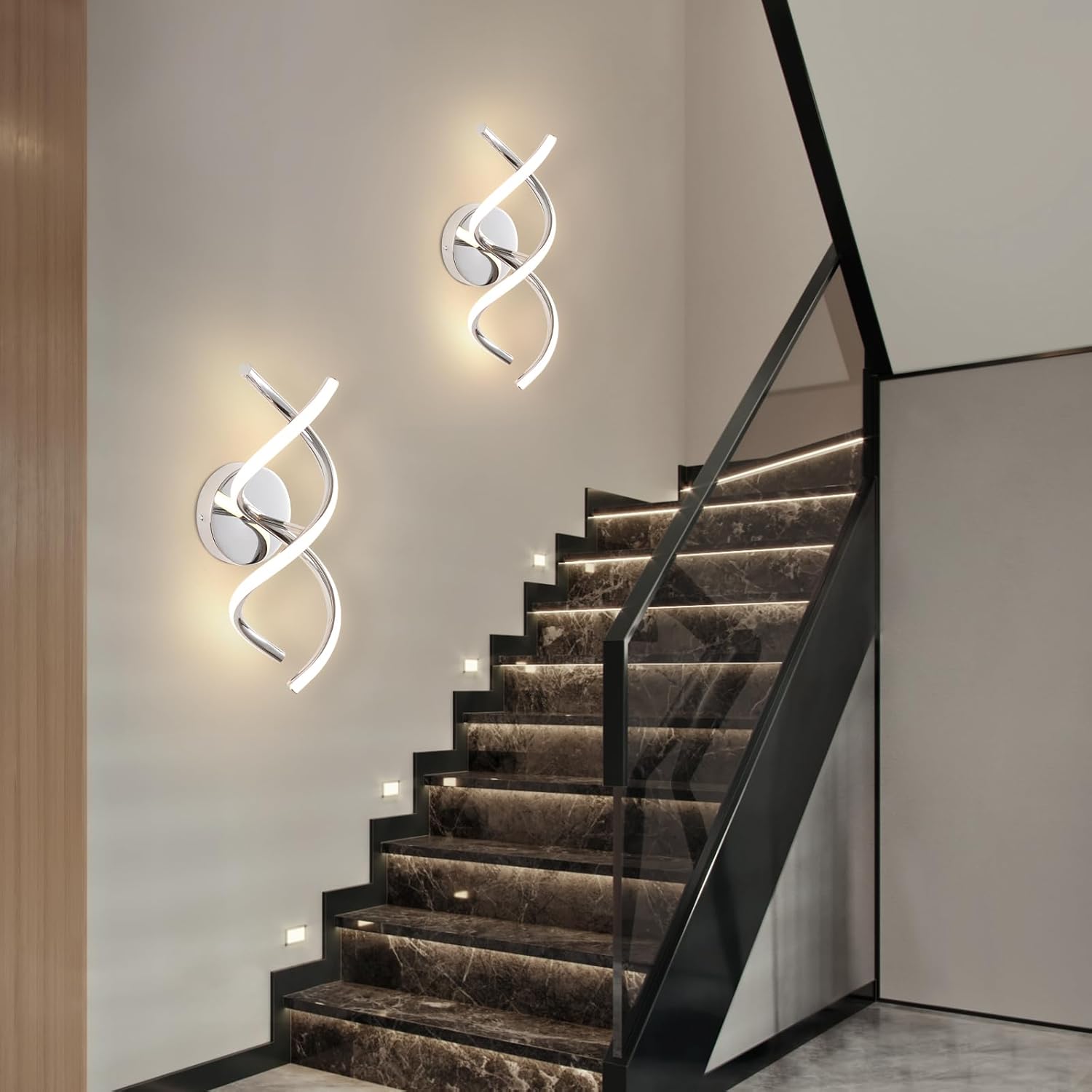 Modern wall lights on a staircase with a neutral color scheme